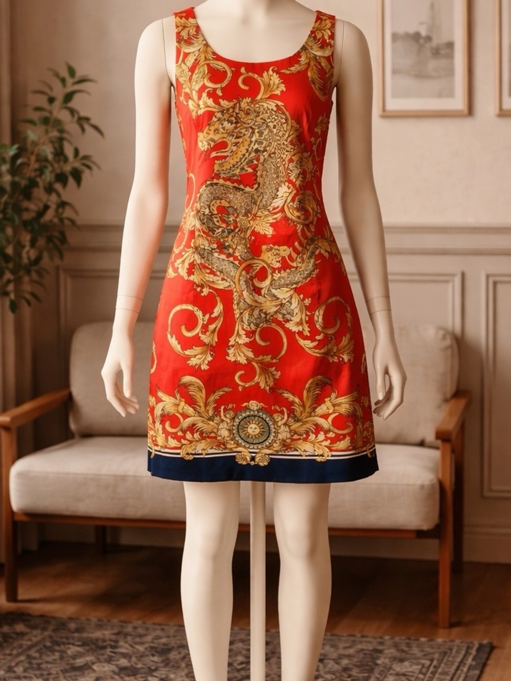 Collector’s 1991 Versace Red Sleeveless Dress with Gold Baroque Dragon Motif